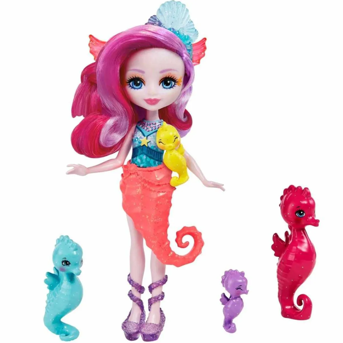 - Enchantimals - Ocean Kingdom muñeca Sedda Sea Horse con familia de caballitos de mar ㅤ*MATTEL New