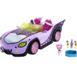 Outlet - Monster High - Coche convertible morado con accesorios para mascotas y detalles de telaraña ㅤ Muñecas
