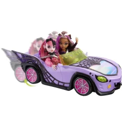 Outlet - Monster High - Coche convertible morado con accesorios para mascotas y detalles de telaraña ㅤ Muñecas