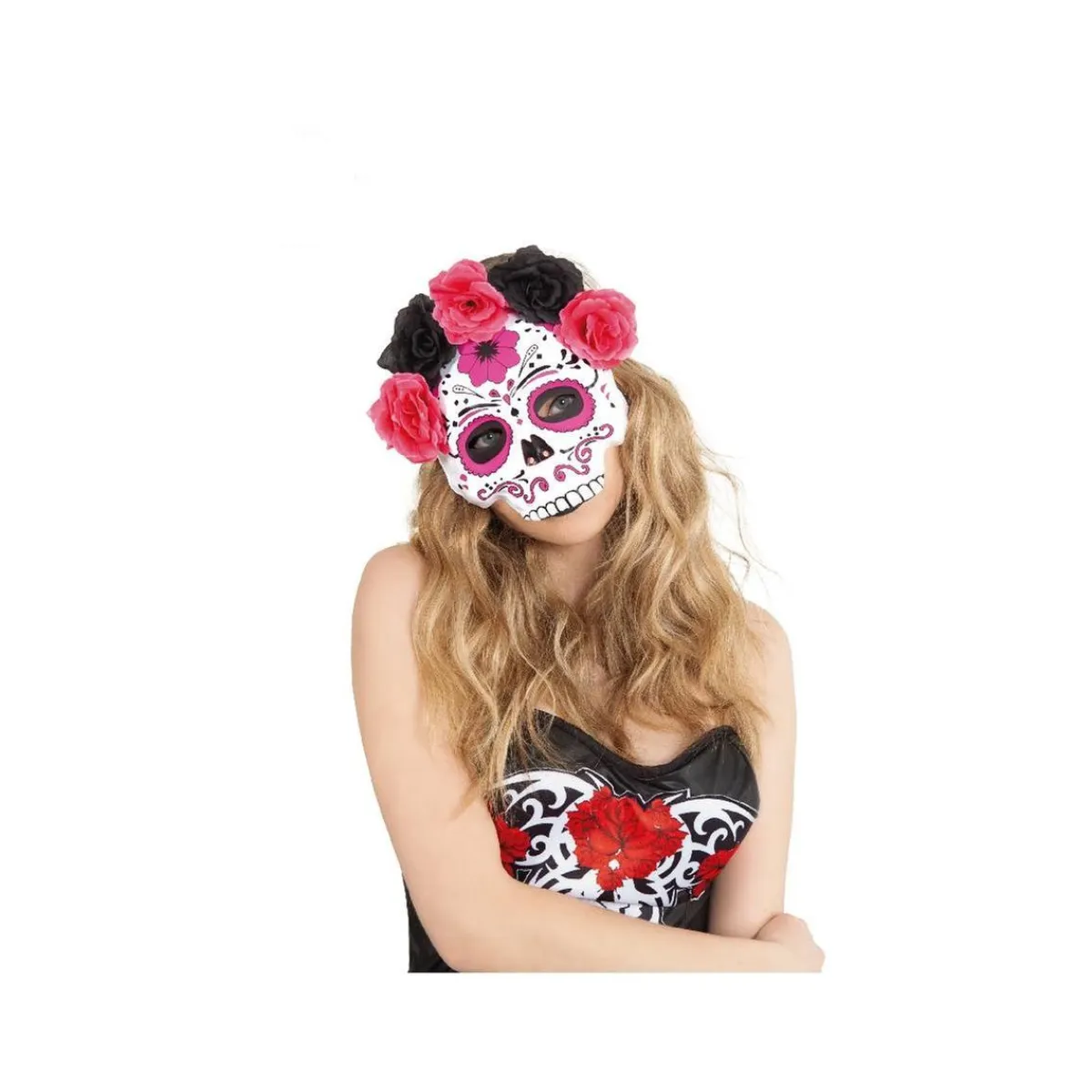 Online Máscara Katrina con flores rosas y negras Disfraces|Halloween