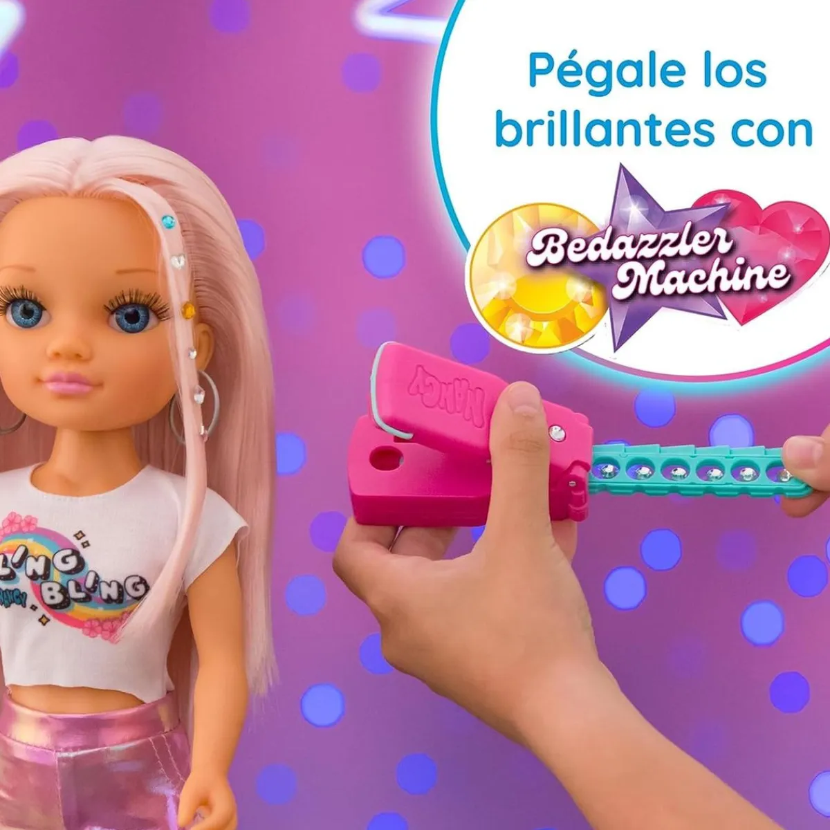 Discount - Muñeca con pelo rosa, juego para peinar y decorar, máquina de gemas y accesorios ㅤ Muñecas