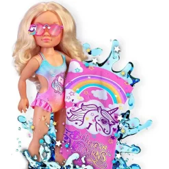 Hot - Muñeca con toalla mágica, pelo rubio largo, accesorios veraniegos y unicornio Muñecas