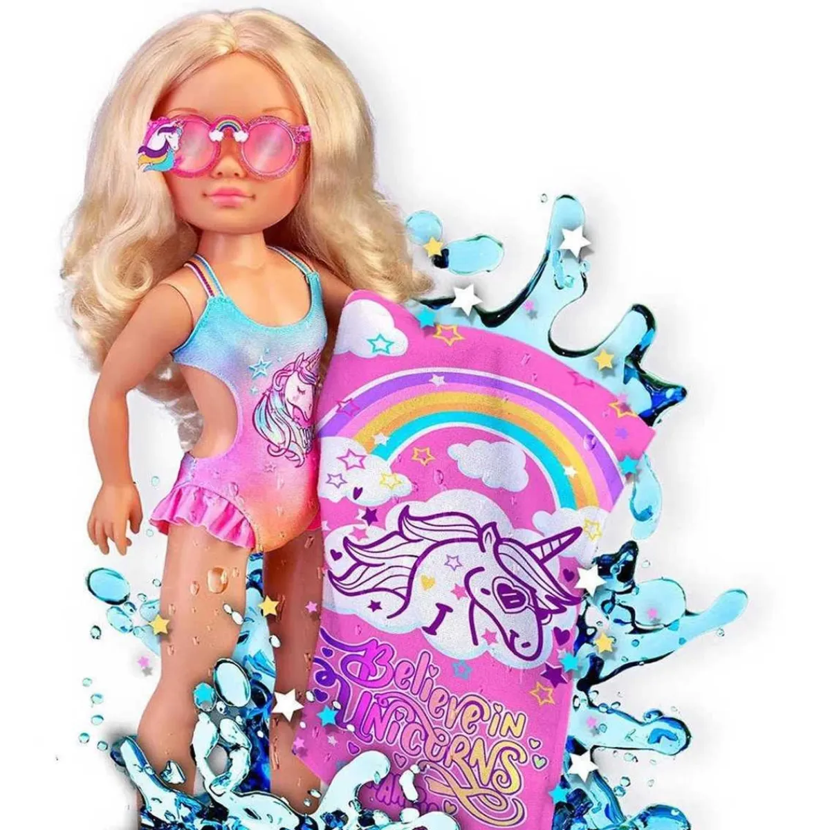 Hot - Muñeca con toalla mágica, pelo rubio largo, accesorios veraniegos y unicornio Muñecas