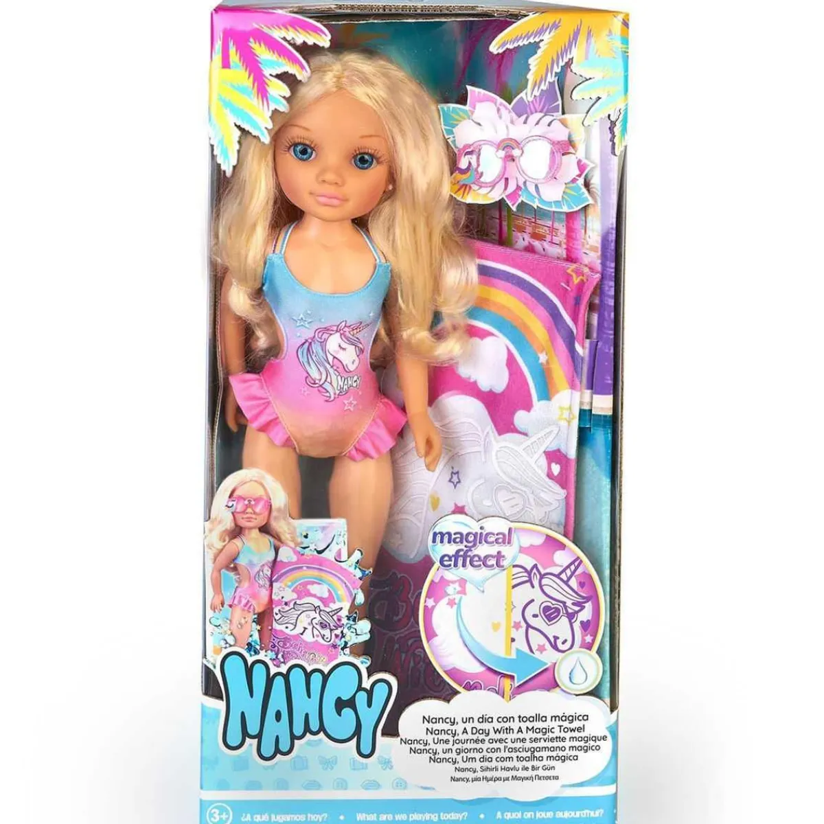 Hot - Muñeca con toalla mágica, pelo rubio largo, accesorios veraniegos y unicornio Muñecas