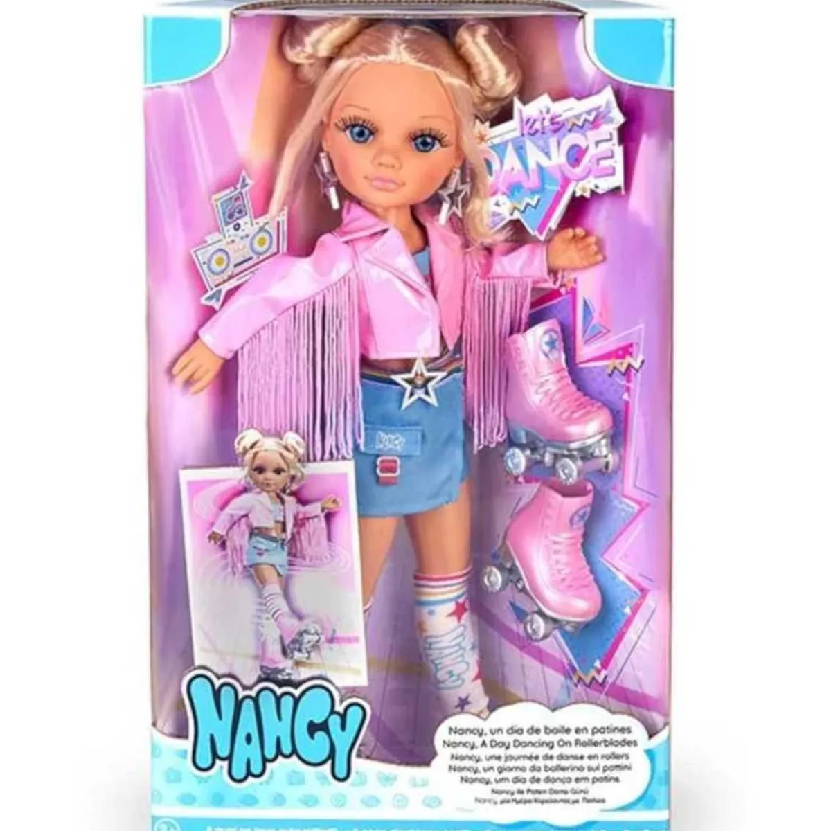 - Muñeca patinadora con accesorios y chaqueta rosa, para niños y niñas*NANCY New