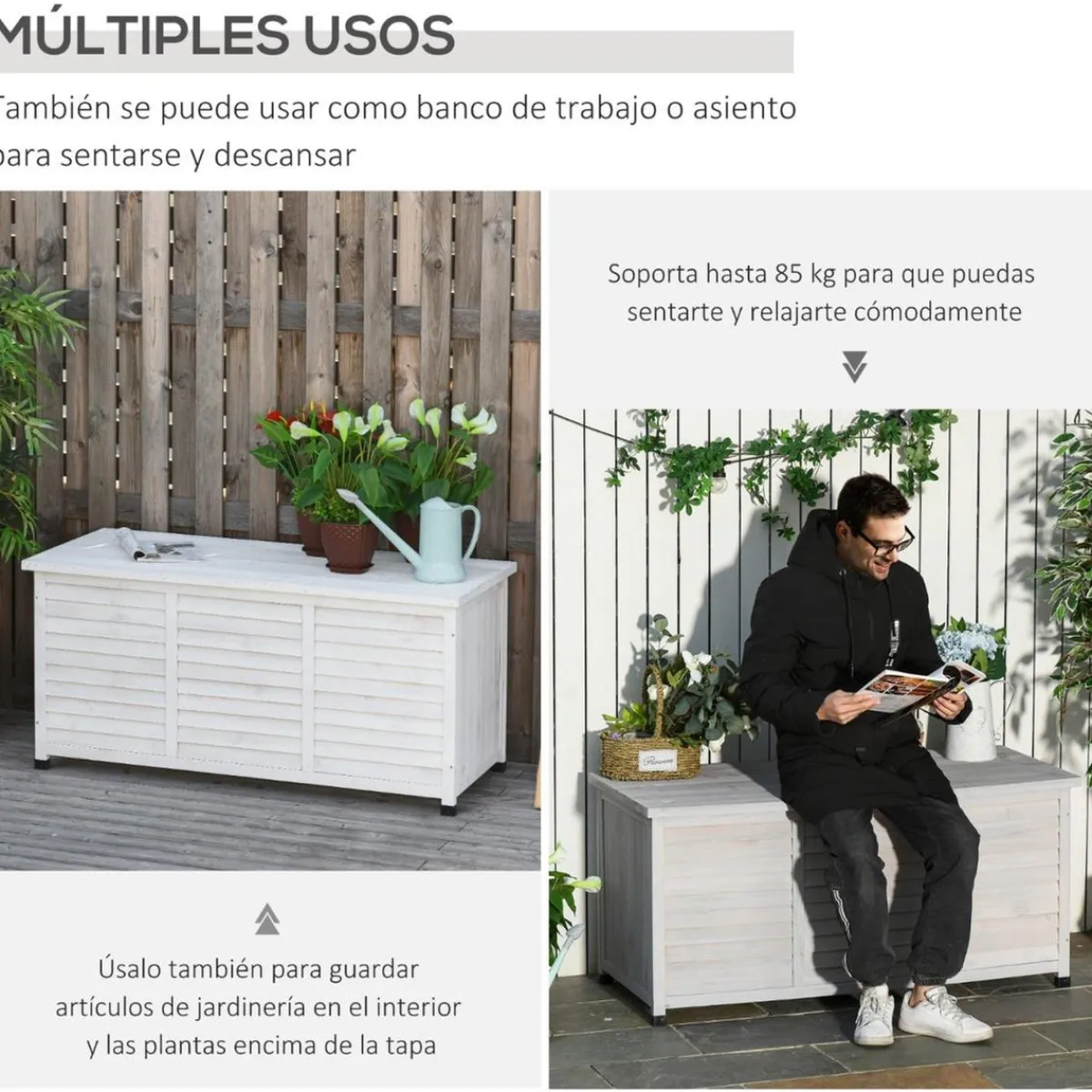- Baúl de jardín de madera Blanco*Outsunny Discount