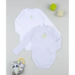 Clearance Pack 2 bodies de manga larga niño gris y blanco con dinosaurios Descanso Y Ropa Interior·Bebé 3-36 Meses