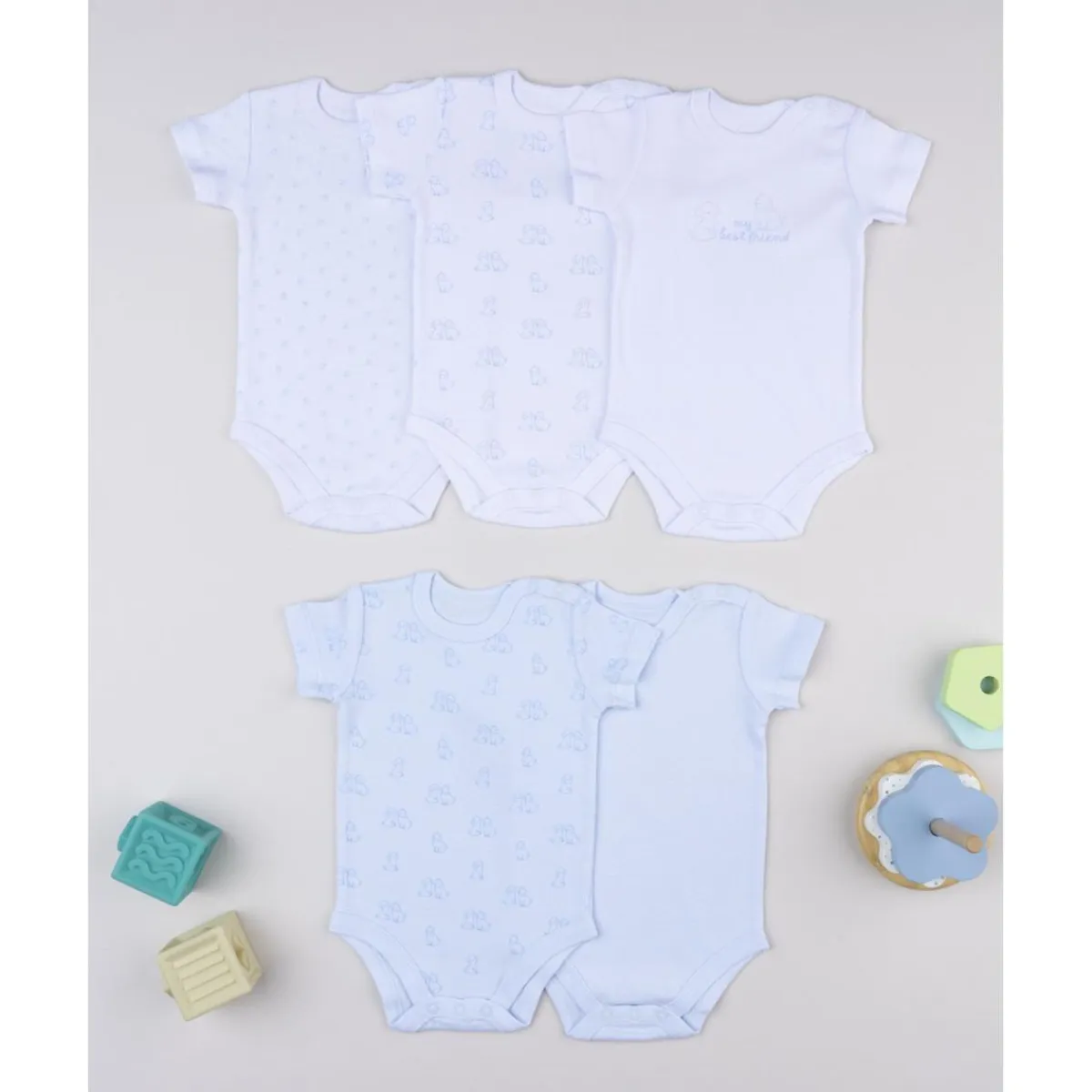 Pack de 5 bodies de manga corta blanco y azul*Prenatal Discount