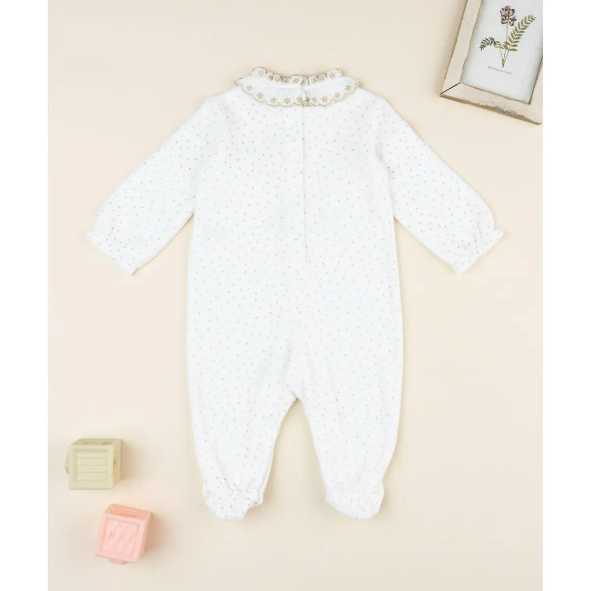 Outlet Pelele bebé de terciopelo blanco con bordado dorado Ropa Y Accesorios·Peleles|Recién Nacido·Ropa Y Accesorios