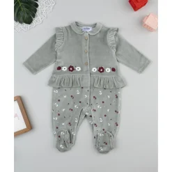 Pijama de niña en terciopelo verde con flores*Prenatal Sale