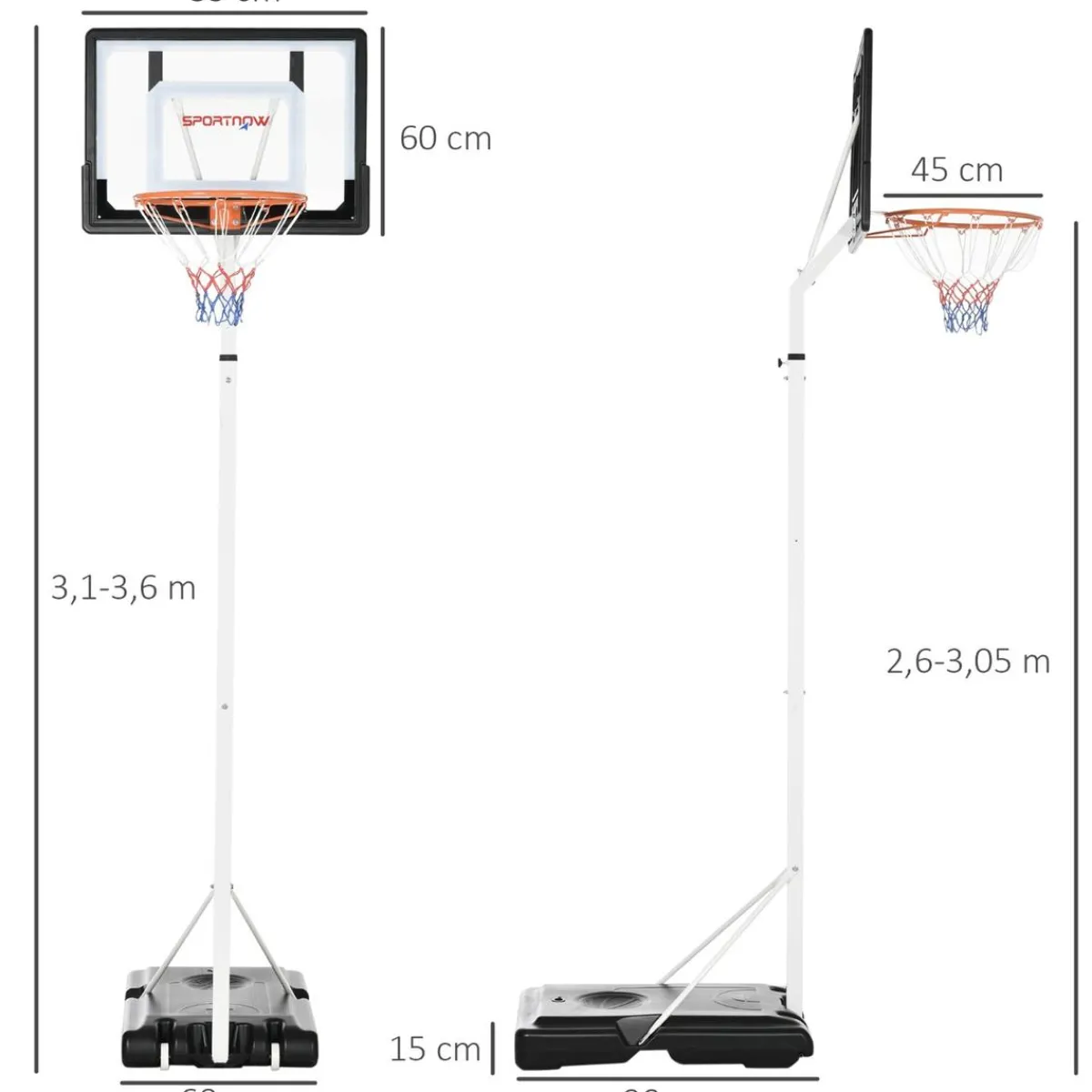Outlet Sportnow - Canasta de baloncesto altura ajustable de 260-305 cm Blanco Deportes